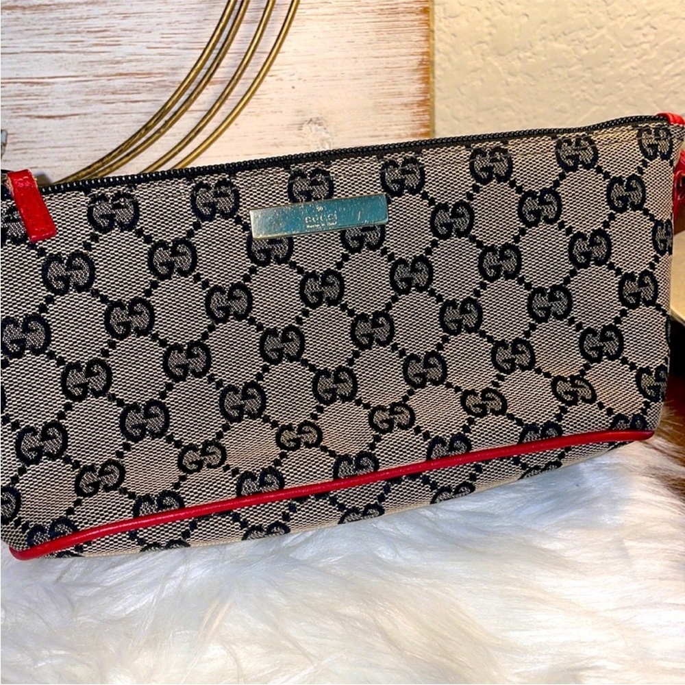 Gucci Boat Pochette GG Canvas Red Leather Pouch Bag, Authentic